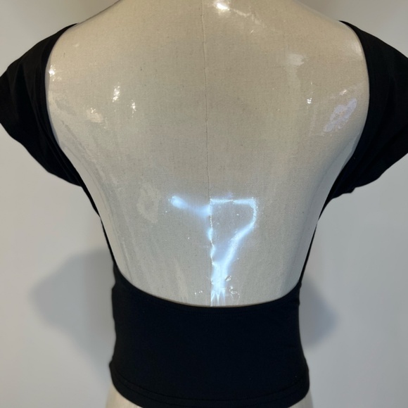 🖤 Black Wide Back Dip Deep Plunging Short Sleeve Stretchy Cute Shirt Summer - Picture 6 of 6